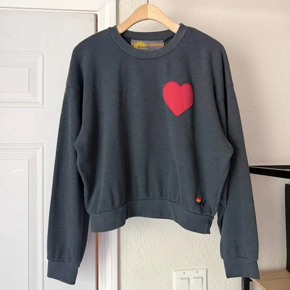 AVIATOR NATION charcoal grey heart patch crew boxy cropped oversized sweater - Picture 1 of 8